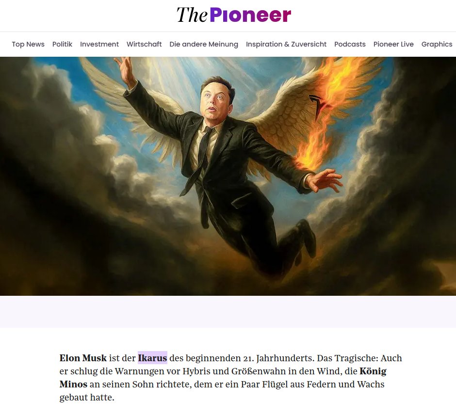 Screenshot des Pioneer-Artikels über Elon Musk mit dem Ikarus-Fehler: König Minos wird fälschlich als Vater und Flügelbauer genannt